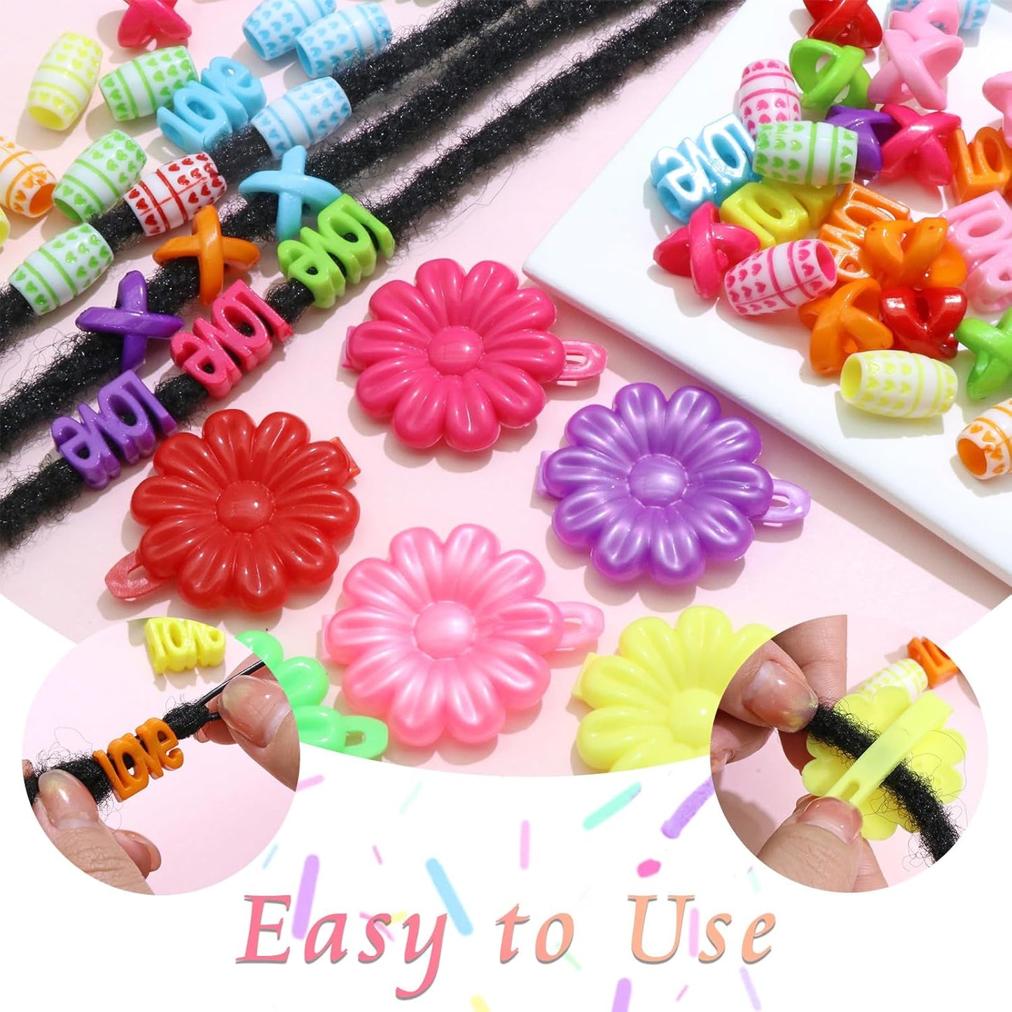 60PCS Colorful Hair Beads 3 Styles Loc Bead Flower Self Hinge Hair Barrettes Cute Design Acrylic Dreadlock Beads Accessories for Kids Girls