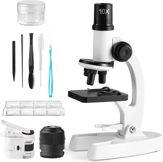 Science Microscope Kits - 80X-1200X Zoom with LED Light, White Beginner Microscope Set with Slides and Phone Holder, Science Educational Tool for Nature Study & Birthday Gift