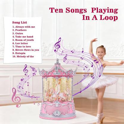 Gifts for Mom Pink Carousel Horse Snow Globe Music Box with Rotating Horses Musical Unicorn Snow Globe with Glitter for Girls, Women, Mom, Birthday Gifts Home Decorations (Pink Silver Carousel)