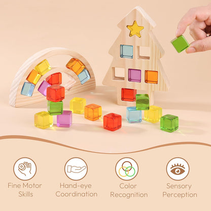 Woodtoe Wooden Building Blocks Set for Kids, 36 PCS Rainbow Acrylic Gem Blocks - 3 Wood House, Montessori Stacking Toy for Toddlers, Educational STEM Birthday Creative Toy Gift for Boys Girls 3-6