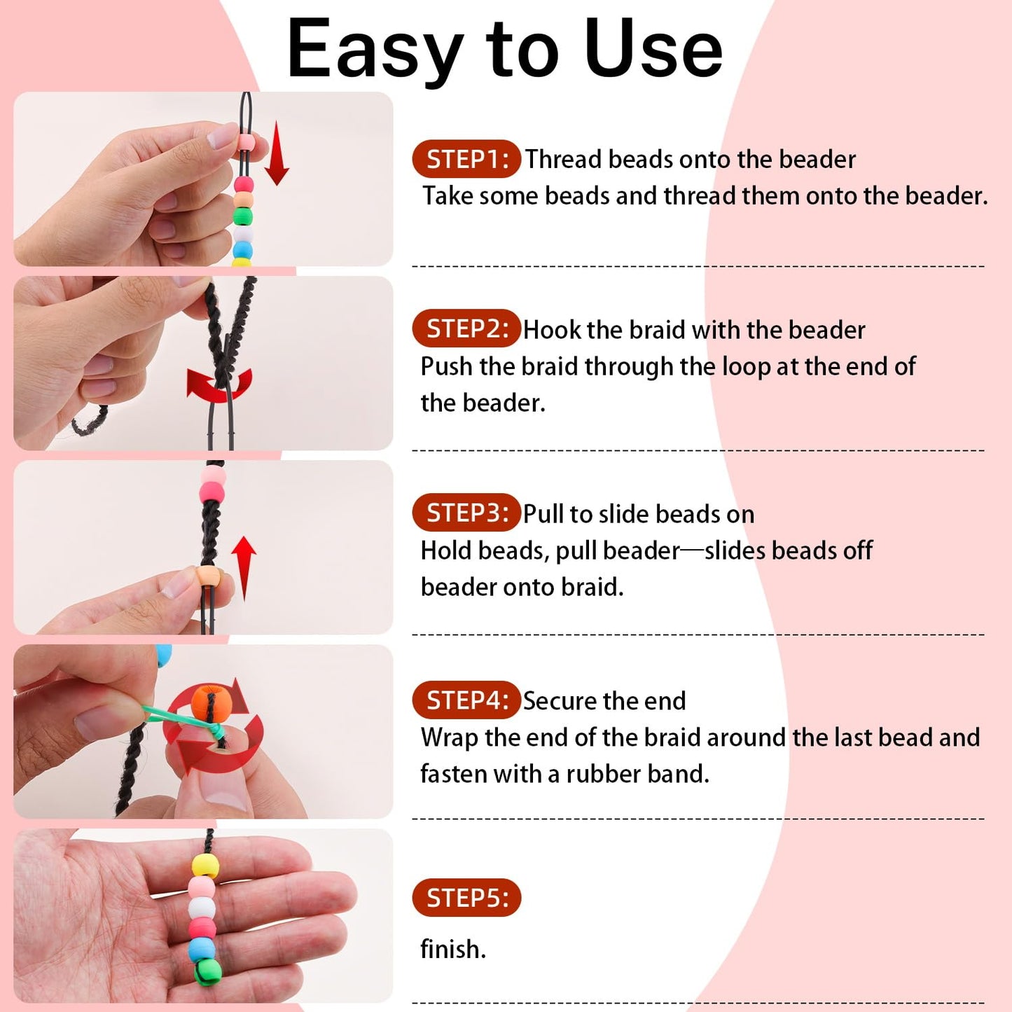 150Pcs 10mm Small Silicone Beads for Hair Braids, Soft Jellyish Pony Hair Beads with 5mm Hole + 50 Rubber Bands and 1 Beader for Braiding, DIY Bracelets Necklaces Crafts (Pink)