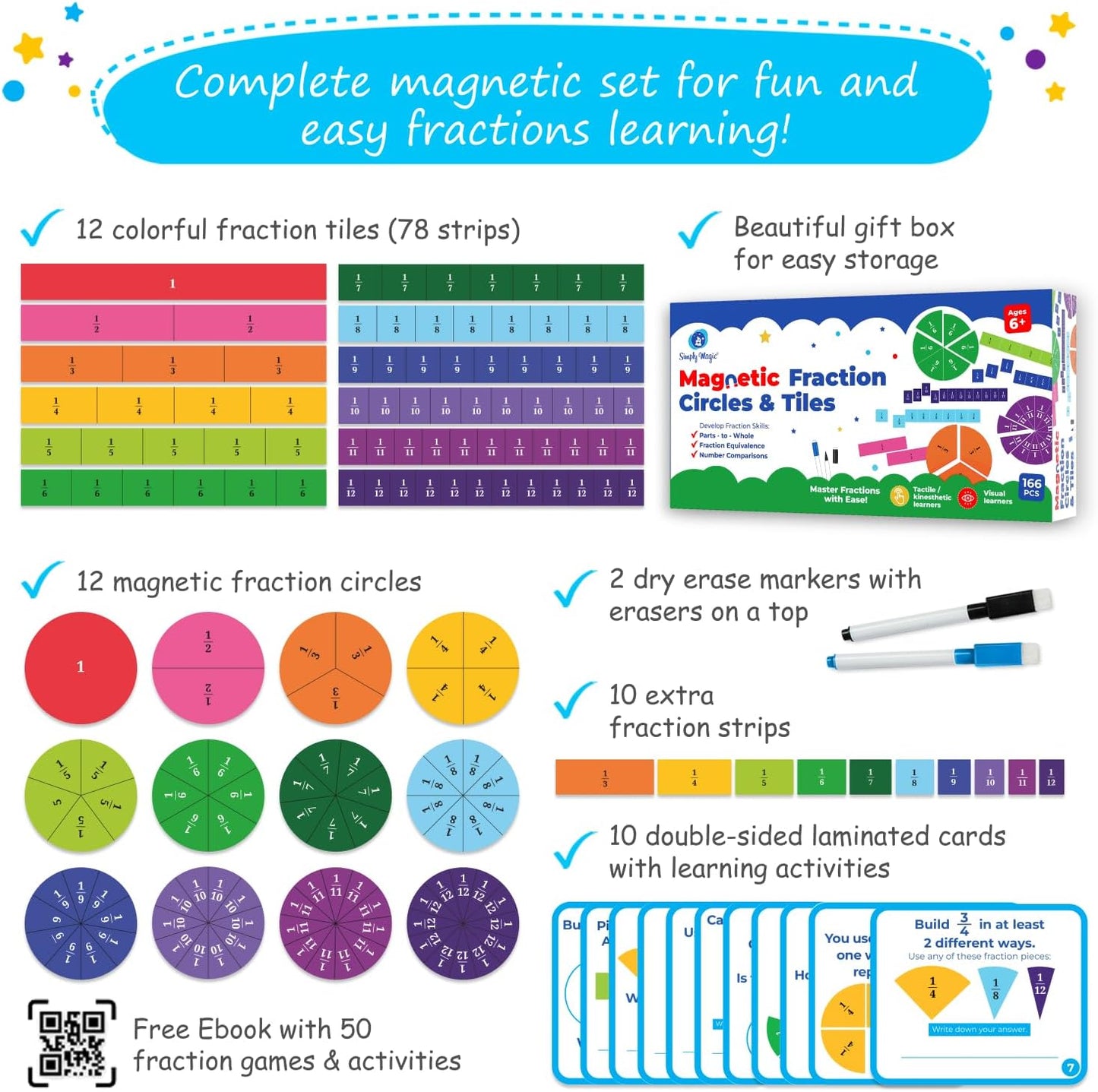 178 PCS Magnetic Fraction Circles & Fraction Tiles - Magnetic Fraction Strips & Bars Fraction Magnets Set Kit, Fraction Manipulatives Class Set, Fractions for Kids, Math Manipulatives - Simply Magic