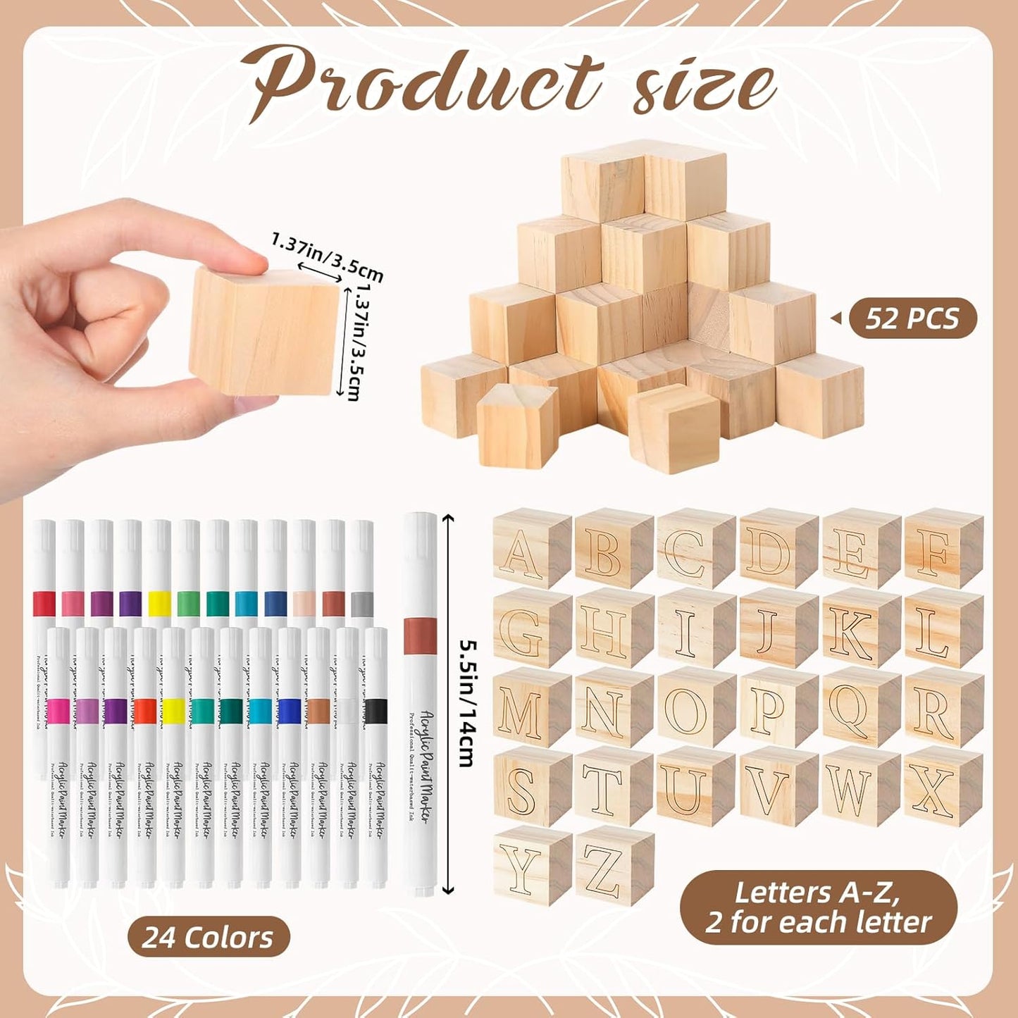 117 Pcs Baby Shower Blocks to Decorate Game Kit Includes 52 Wooden Blocks 24 Markers 1 Game Sign 40 Templates to Paint (Kraft)