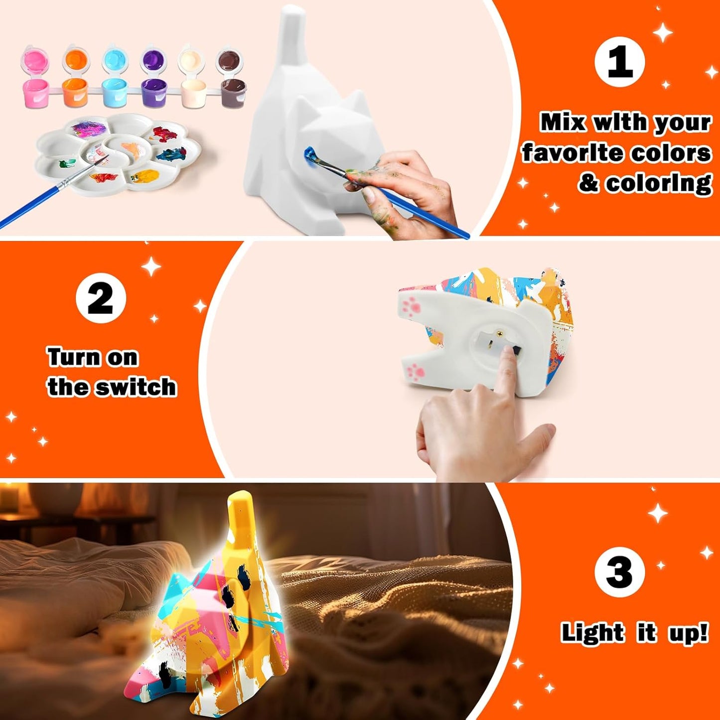 FUNZBO 4.3in Paint Your Own Dinosaur Lamp Kit - Arts and Crafts Supplies Painting for Kids Teens, DIY Night Light Dinosaur Toy for Boy Girl 3 4 5 6 7 8 9 10 11 12 Birthday Gift
