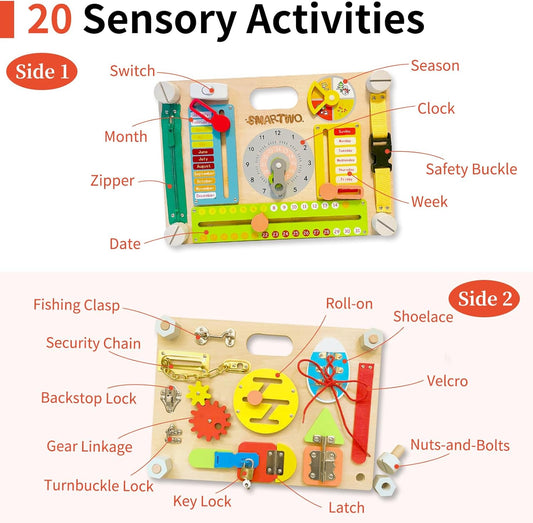 Montessori Large Double-Sided Busy Board for 1 2 3 4 Year Old- Wooden Sensory Toys -Fidget Activity Board for Toddlers Boys and Girls- Motor Skills Gifts for ADHD & Autistic Children Kids