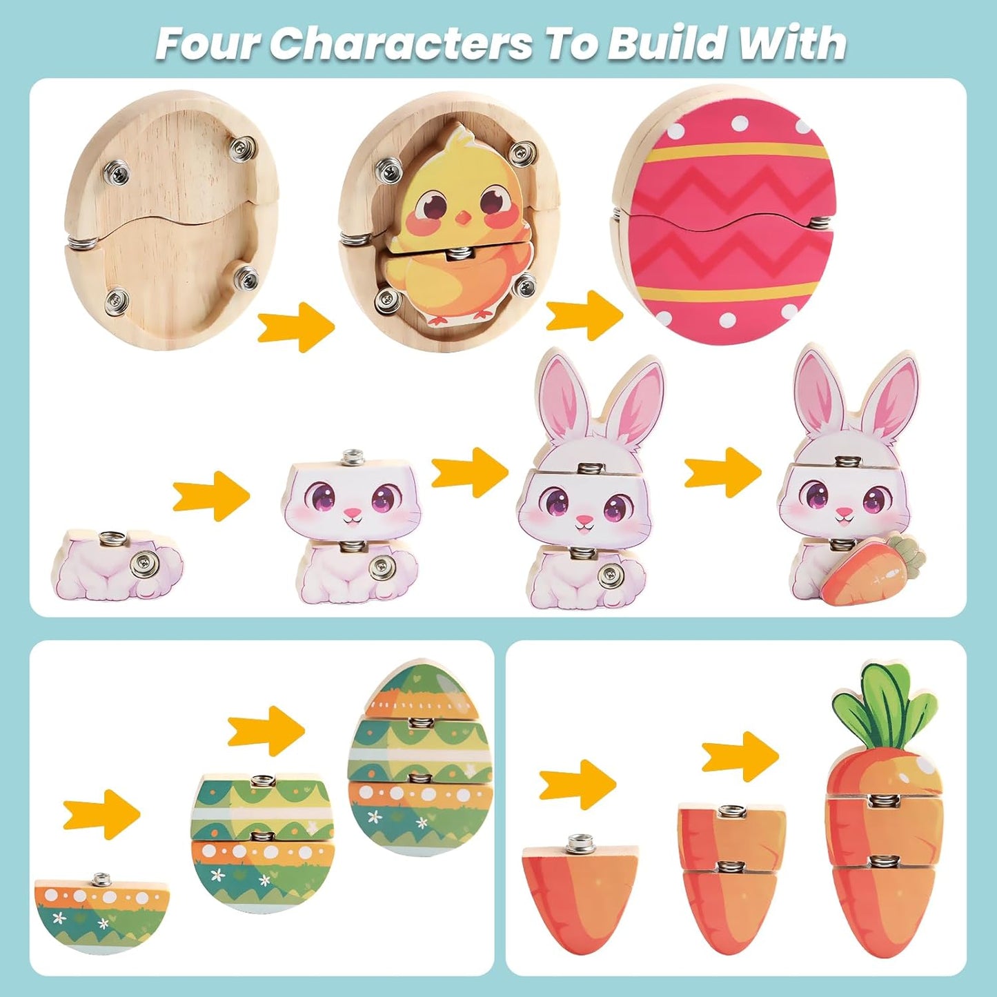 HUZU Animal Snap Wooden Building Blocks – Fun & Educational Puzzle Toy for Kids Aged 3-8, Features Cow, Bear, Lion and Turtle, Matching Game with Interchangeable Animal Faces & Emotions