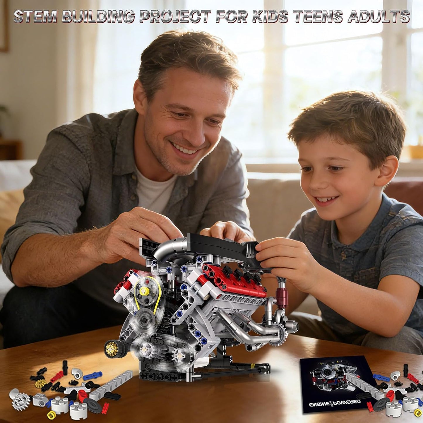 V8 Engine Model Kit that Run, 8-Cylinder Car Engine Building Blocks Set, Build Your Own STEM Engineering Kit that Work with LED Light and APP Control, Collections Set for Age 8+/Kids/Adults (700 PCS)