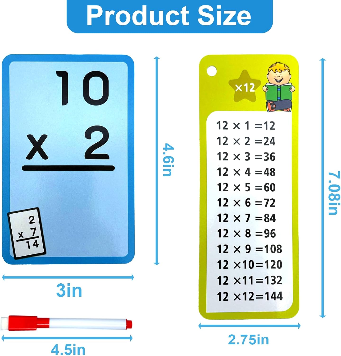 1-12 Math Flash Cards with 6 Dry Erase Pens, 15Pcs Big Multiplication Flash Cards + 36 Pcs Random Double-Sided Multiplication Practice Cards, Educational Math Flashcards for Kids Ages 6+