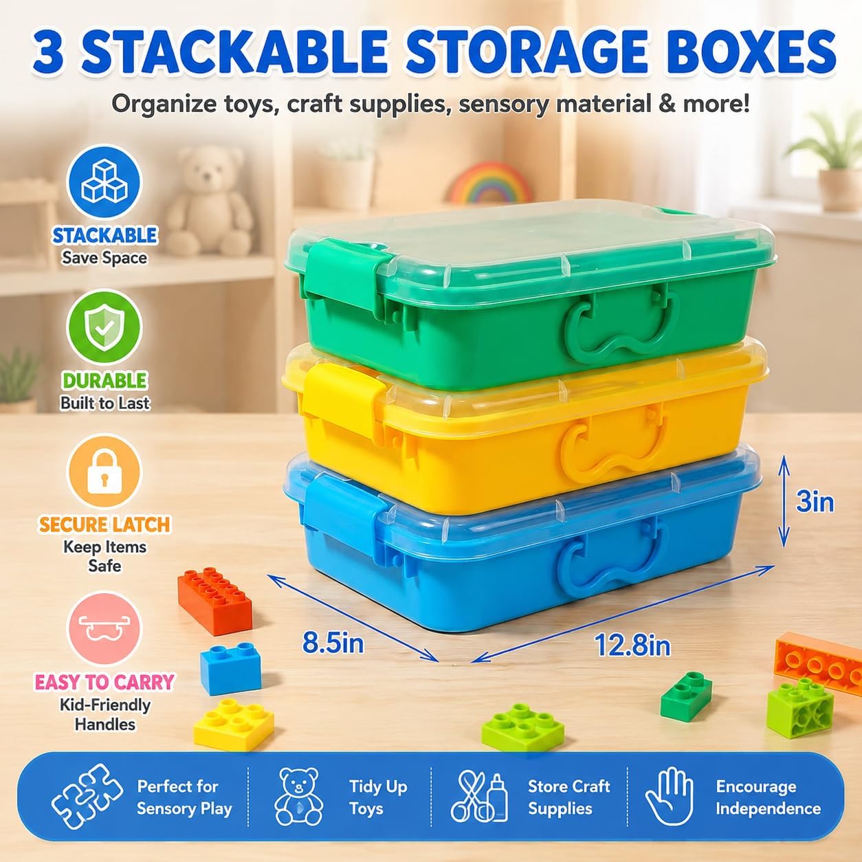 Carolart 3 Pack, Empty Sensory Bin, Wheat Straw Material，13.5 Inch Storage Container, Portable Plastic Storage Bins, Stackable Play Tray for toys,arts,crafts and sand.