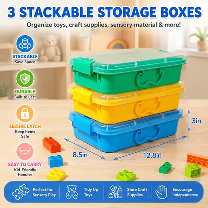 Carolart 3 Pack, Empty Sensory Bin, Wheat Straw Material，13.5 Inch Storage Container, Portable Plastic Storage Bins, Stackable Play Tray for toys,arts,crafts and sand.
