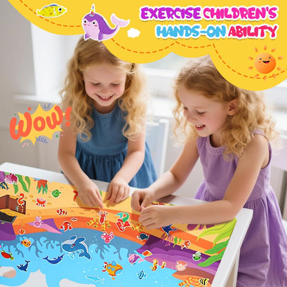 Sticker Books for Toddlers 2-4 Years, Travel Sticker Book with Washable Jelly Stickers, Foldable Carry Handle Quiet Toy, 5 Theme Scenes for Kids 3-5, Dinosaur+Space+Ocean+Fairy Tale+Pizza