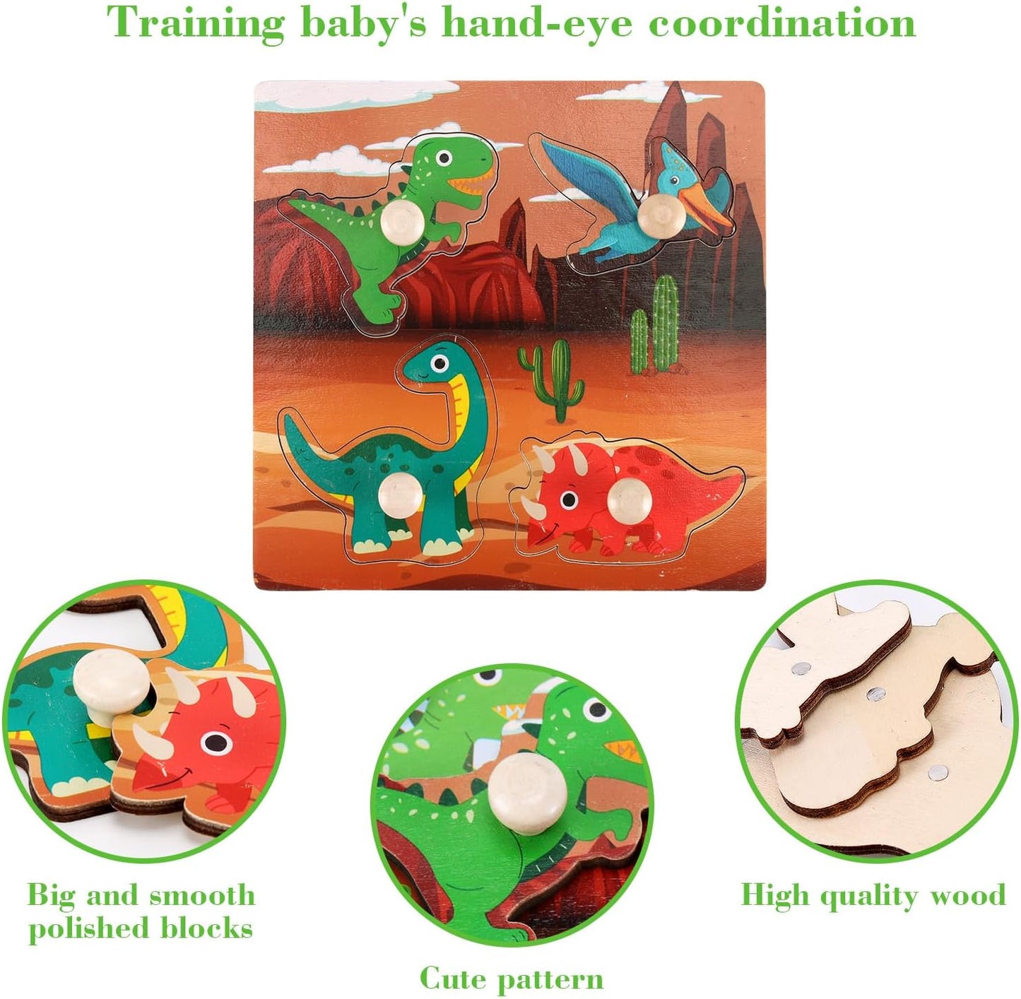 Wooden Peg Puzzles for Toddlers 1-3, Kids' Educational Preschool Peg Puzzle Toy, Set of 4 Toddler Puzzles - Farm, Dinosaur, Fruit and Marine Animals, Ideal Gift for Ages 1 2 3 Boys and Girls