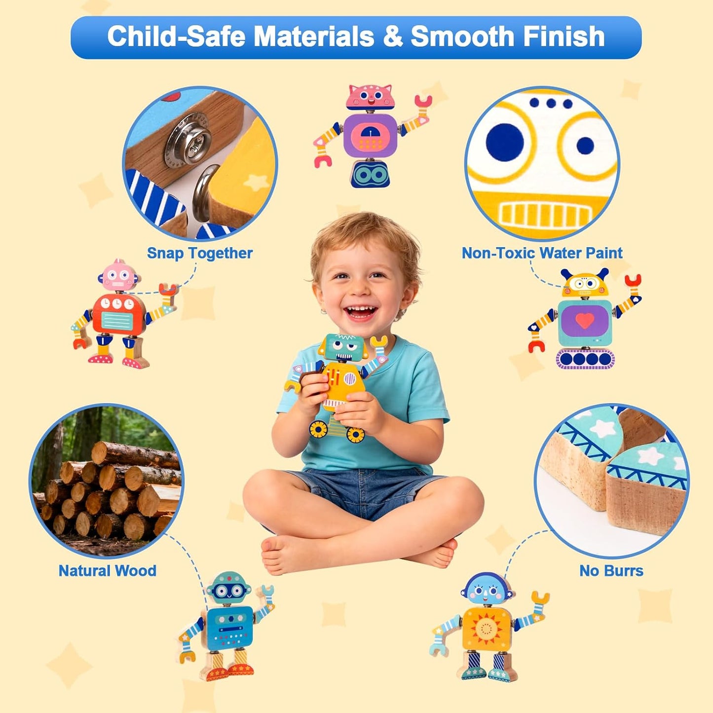 Robots Wooden Snap-Together Building Toys – 28-Piece STEM Montessori Educational Blocks for Toddlers Ages 3–6 | Fine Motor Skills Development | Safe, Durable, Creative Robot Toys Gift for Kids