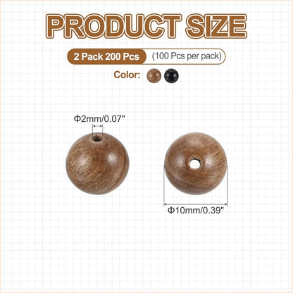 HARFINGTON 200pcs Round Wooden Beads, 10mm Dia Small Wood Beads for DIY Crafts, Bracelet, Wristlet, Necklace, Jewelry Making, Khaki Brown&Black