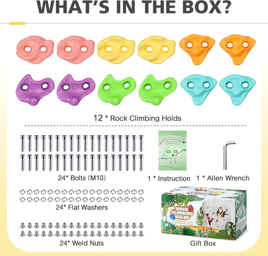 TOPNEW 12PCS Climbing Holds for Kids, Rock Wall Climbing Kit with Hardware for Indoor and Outdoor Climbing Wall, Pastel Color