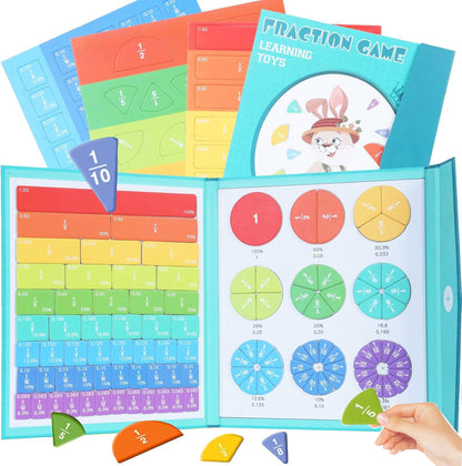 Magnetic Fraction Playbook & Fraction Manipulatives Set, Montessori Magnetic Fraction Book for Kids Grades K-3, Math Manipulatives with Fraction Tiles and Circles, Educational Fraction Games & Puzzle