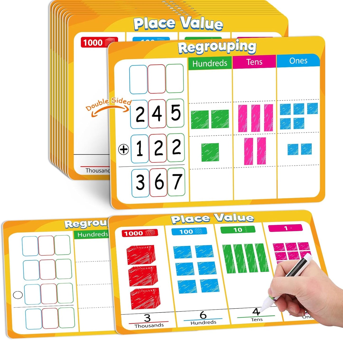 24Pcs Place Value Chart Dry Erase Flash Cards Double Sided Addition Subtraction Cardboard Math Whiteboard Math Manipulatives Teacher Portable Tool 12" x 9"