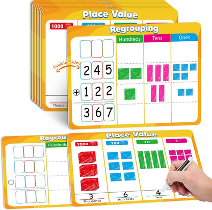 24Pcs Place Value Chart Dry Erase Flash Cards Double Sided Addition Subtraction Cardboard Math Whiteboard Math Manipulatives Teacher Portable Tool 12" x 9"