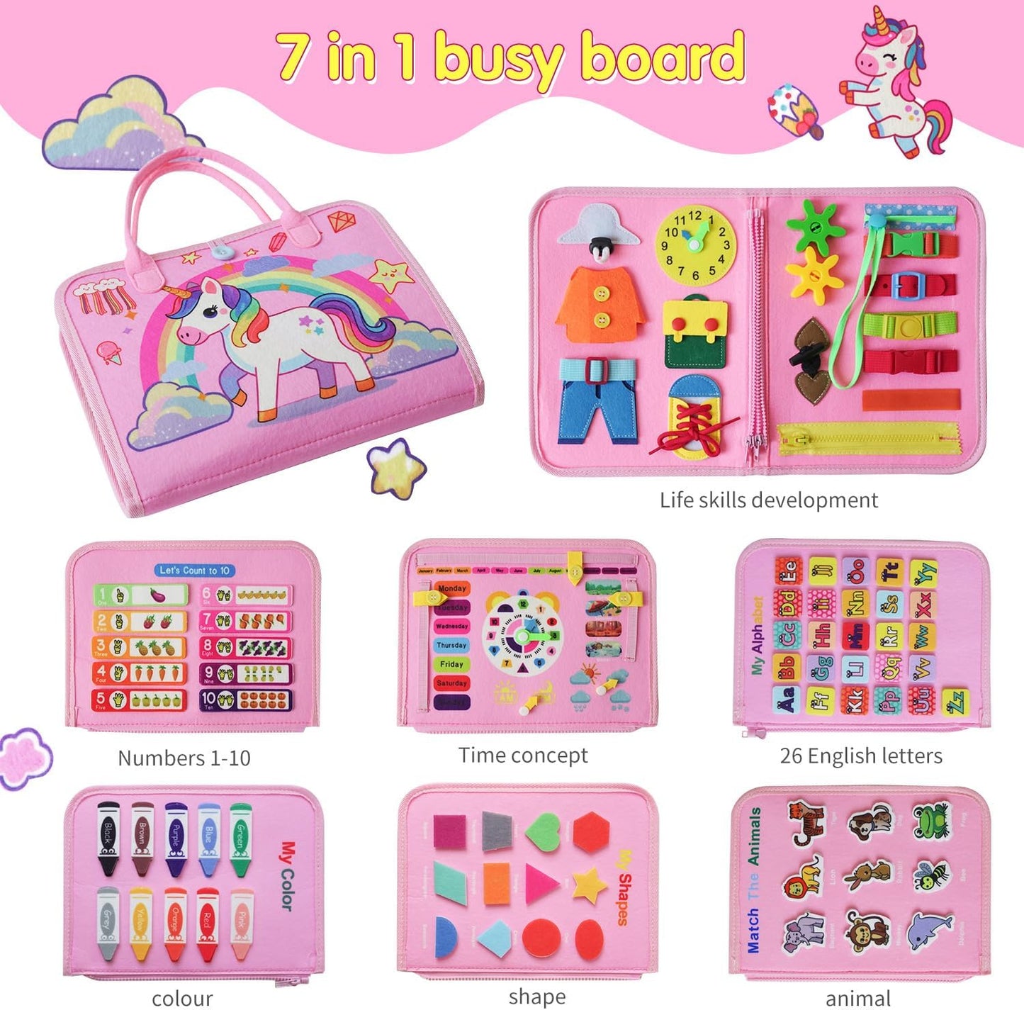 Montessori Toddler Busy Board Toys, Girls Unicorn Learning Sensory Toy, Toddler Travel Toy, Children's Educational Activity Busy Book, Birthday Gift (Pink)
