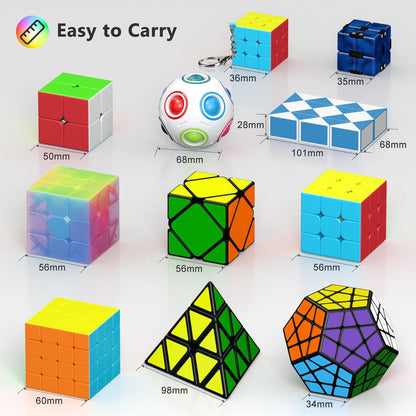 Vdealen Speed Cube Set, 7 Pack Puzzle Cube Bundle Fidget Ball 2x2 3x3 4x4 Pyramid Dodecahedron Rainbow Snake Magic Cube, Smooth Cube Game Toys Gift for Kids & Adults