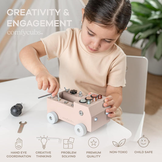 Comfy Cubs Busy Board Toy Truck Set - Fun & Noise-Free, Pine Wood Activity Board for Toddlers with LED Light Switch - Designed in The US, Focused & Engaging Montessori Play for Kids 3+ (Pacific Blue)