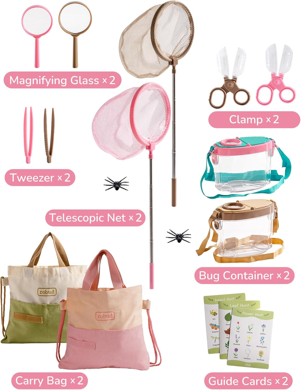 ROBUD Bug Catcher for Kids, Bug Catcher Kit with Bag Kit, Outdoor Exploration Set for Camping, Montessroi Toy for Kids Coming Closer to Nature，WRP07