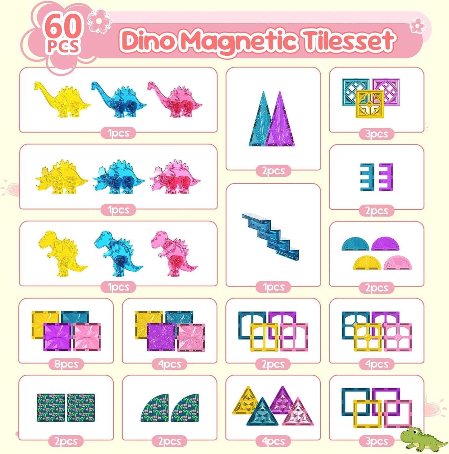 60PCS Dinosaur Toys Magnetic Tiles for Girls, Magnetic Building Blocks Sensory Dino Toy for Girl Ages 3-5 4-8 Year Old, Girl Toys Dinosaur Decorations Birthday Gifts for 3+ Years Old Kids Boys