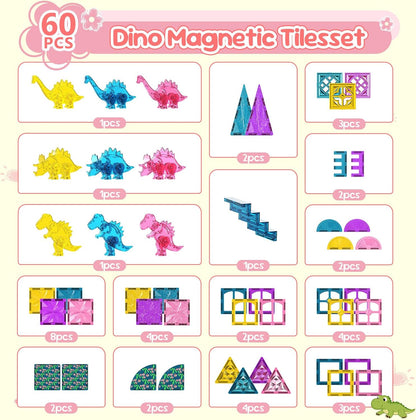 60PCS Dinosaur Toys Magnetic Tiles for Girls, Magnetic Building Blocks Sensory Dino Toy for Girl Ages 3-5 4-8 Year Old, Girl Toys Dinosaur Decorations Birthday Gifts for 3+ Years Old Kids Boys