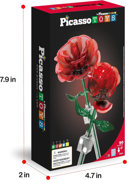 PicassoTiles Red Stem Rose Building 45pc Set With Magnetic Hold Piece Creative Hands-On Play Discovery Activity Kit Room Decor Gifts For Mother’s Day Present Display Flower Boys Girls Kid Age 3+ PBS20