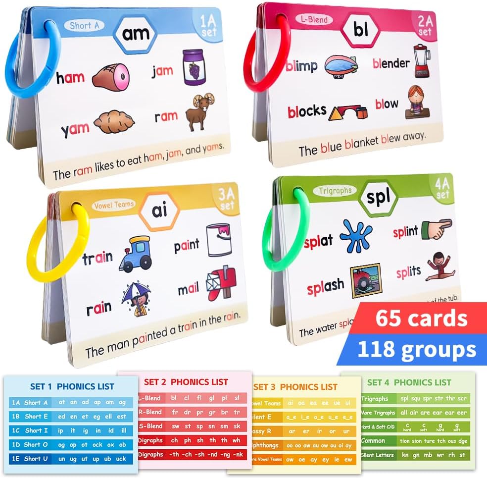 118 Phonics 65 Double-Side Flash Cards, Learn to Read in 20 Stages, CVC Digraphs Trigraph Blends Long Vowel Sounds, Phonemic Awareness, Vocabulary Building
