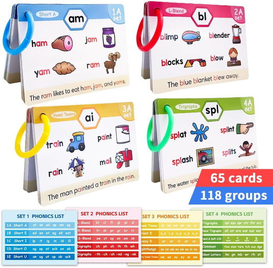 Lachilly Phonics Flash Cards Set, 20 Phonic Stages Cards, Learn to Read in CVC Blends Long Vowels DigraphsSounds for Kids 4-8, Kindergarten Primary School Learning Aids
