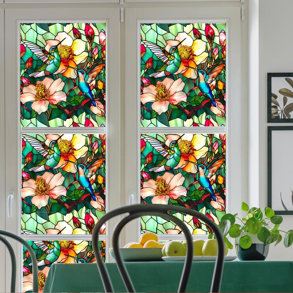 JOONOR Privacy Window Film Stained Glass Window Sticker Non-Adhesive Frosted Glass Film Decorative Magnolia Flower Pattern Static Cling Decals for Home UV Blocking/Heat Insulation 17.7 x 39.4 Inch