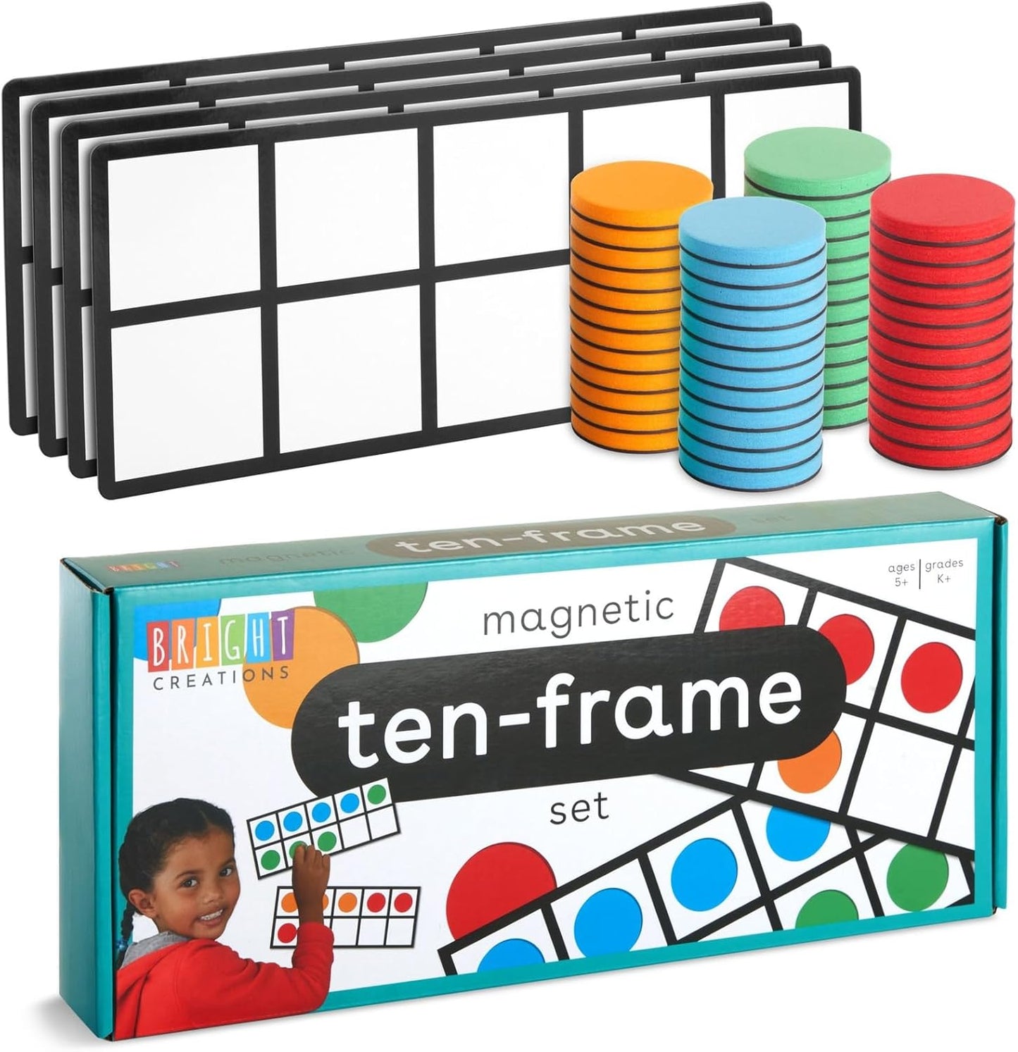 Bright Creations Giant Magnetic Ten Frames for Classroom Learning - 4 Pack Multi-Color Magnetic Frames with 48 Math Counters (12.25 x 5 in)