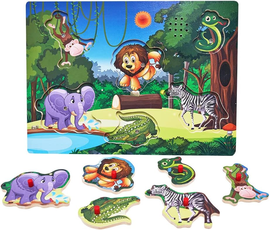 Wooden Transportation Sound Peg Puzzles for Toddlers, Wooden Pegged Puzzle with Sound Effect for Toddlers and Preschoolers, Educational Learning Toy Gift