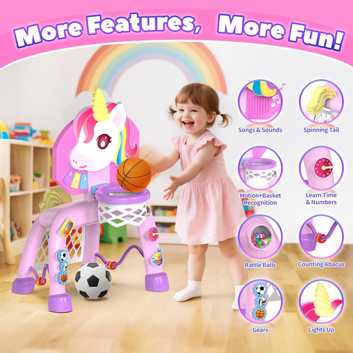 Toddler Basketball Hoop & Soccer Goal， Baby Toy for 1 2 3 Year Old Girls, Kids Activity Center Toys with Light & Music,Unicorn Toys for Girls 12-18-36 Months, Christmas Birthday Gifts for Ages 1-3
