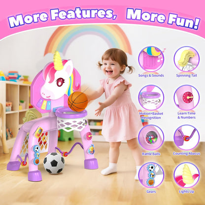 Toddler Basketball Hoop & Soccer Goal， Baby Toy for 1 2 3 Year Old Girls, Kids Activity Center Toys with Light & Music,Unicorn Toys for Girls 12-18-36 Months, Christmas Birthday Gifts for Ages 1-3