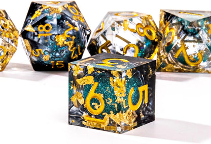 Liquid Core DND Dice Set, 7pcs Sharp Edge Dice for Role Playing Dungeons and Dragons Ttrpg with Gift Box, Handmade Resin D&D Dice RPG Role Playing Games Dice Set(Blue Gold)