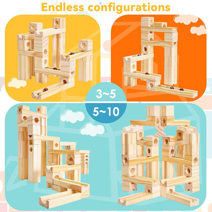 Wooden Marble Run for Kids Ages 4-8, 80 Pieces Wood Building Blocks Toys and Construction Play Set, Marble Track Maze Game STEM Learning Toys Gifts for Boys Girls (80pc Set)
