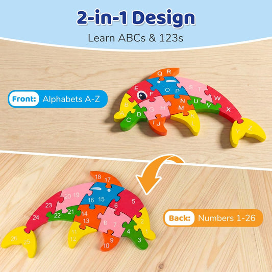 LovesTown Wooden Puzzles for Kids, Double Sided Giraffe Jigsaw with Alphabet & Numbers, Montessori Educational Toy for Toddlers, Chunky Animal Gift