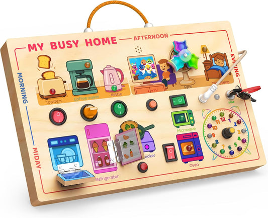UdoUto Montessori Wooden Busy Board for Toddlers with LED Light Lights & Switches,Portable Activity Board for Car & Airplane Travel Toys, Christmas & Birthday Gift for 1-3 Year Old Boys & Girls