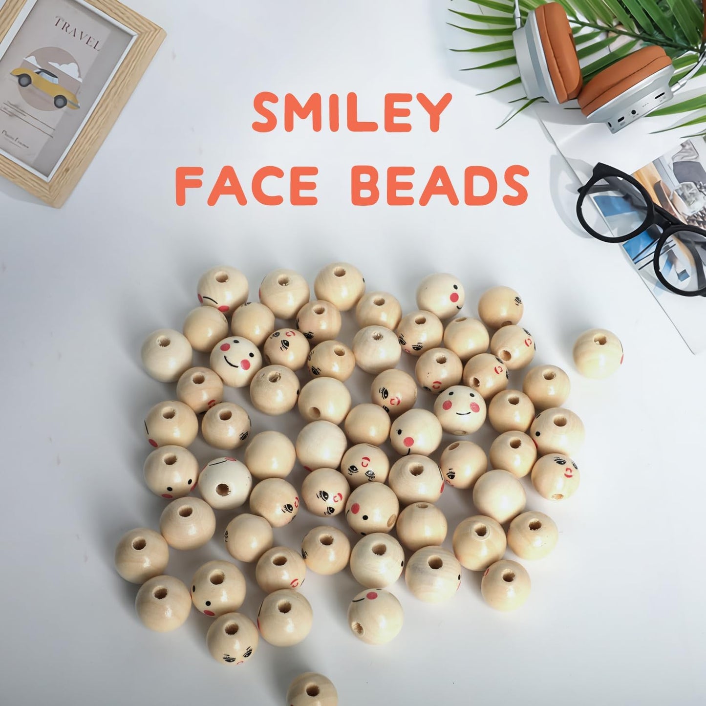 60PCS Wooden Beads with String,Natural Wood Beads Loose Beads with Face,2 Styles Wooden Smiley Beads Set for Chiristmas Tree Wreath DIY Key Chain Angel Craft Jewelry Making(30pcs 20mm 30pcs 18mm)