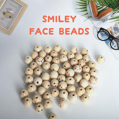 60PCS Wooden Beads with String,Natural Wood Beads Loose Beads with Face,2 Styles Wooden Smiley Beads Set for Chiristmas Tree Wreath DIY Key Chain Angel Craft Jewelry Making(30pcs 20mm 30pcs 18mm)