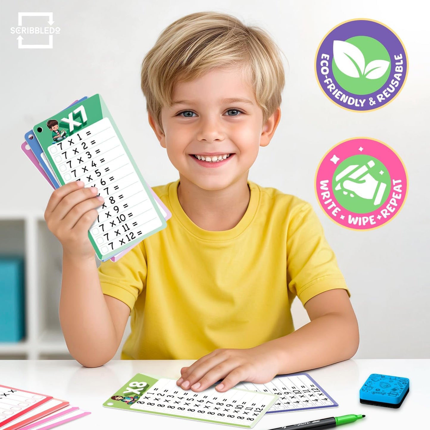 SCRIBBLEDO Dry Erase Multiplication Flash Cards Math 0-12 2nd 3rd 4th Grade Math Flash Cards Reusable Wipe Clean Double-Sided Multiplication Flashcards for Classroom Homeschool Times Tables