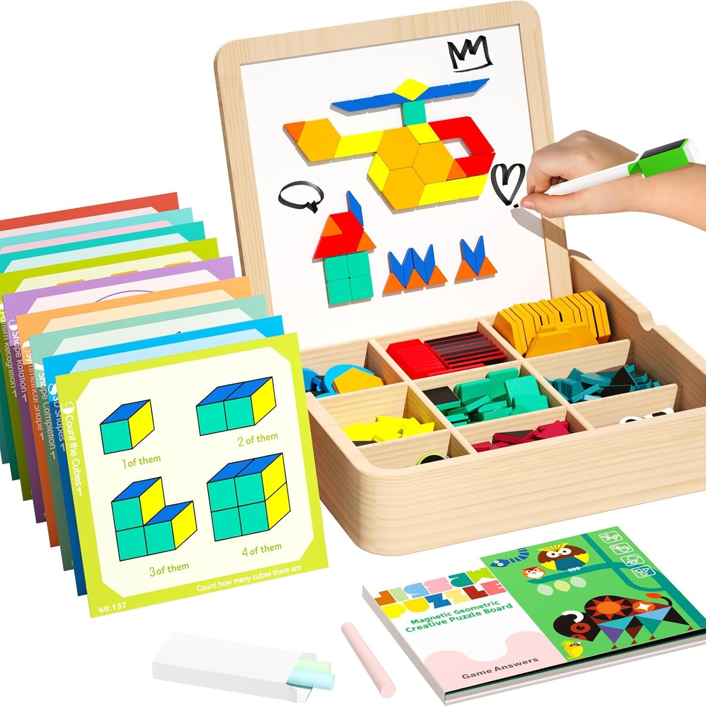 Wooden Magnetic Pattern Blocks Set with Cards, 288 PCS Montessori Tangram Puzzle Learning Toys for Toddlers 4-8, Educational STEM Gift for Kids Boys Girls 4 5 6 7 8