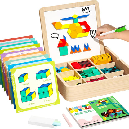Wooden Magnetic Pattern Blocks Set with Cards, 288 PCS Montessori Tangram Puzzle Learning Toys for Toddlers 4-8, Educational STEM Gift for Kids Boys Girls 4 5 6 7 8