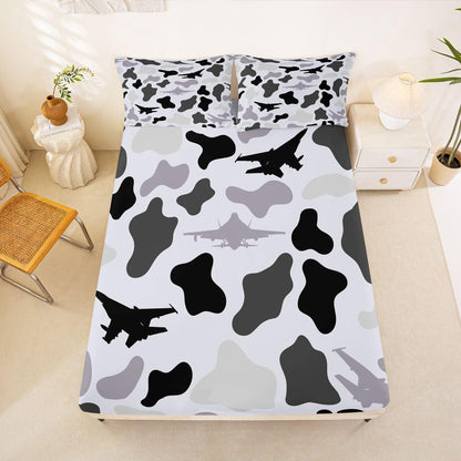 Manfei Musical Kids Fitted Sheet Full Size, MusicalGuitar Radio Drum Kit Headset Print Bedding Set 3pcs for Boys Girls, Rock Music Bed Cover with 2 Pillowcases, Soft Polyester Bedding, No Top Sheet
