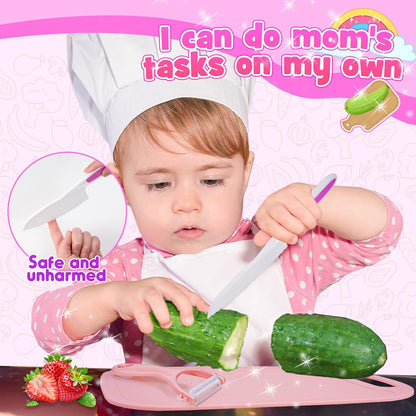 Kids Baking Cooking Set Real & Toddler Kid Apron, Kids Knife Set for Real Cooking & Basket,Food-Grade Material,Montessori Toddler Kitchen Tools, Christmas Birthday Gift for 3-10 Year Old Girls Boys