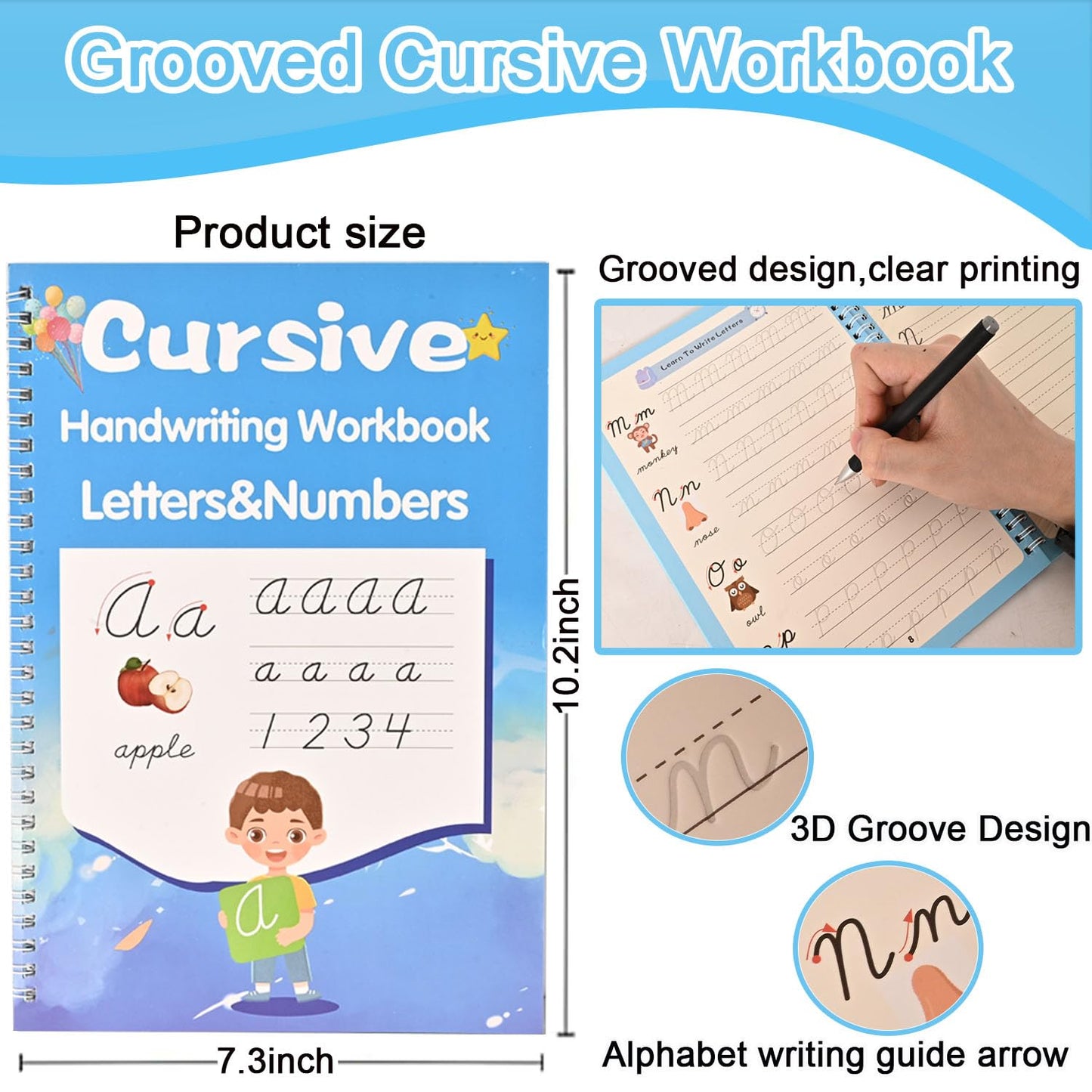 2 Pack Grooved Cursive Handwriting Workbook, Magic Reusable Grooved Handwriting Practice with Disappearing Ink Pens Cursive Writing Practice Book for Kids Beginners（2pc+Pens）（10.2in x 7.3in）