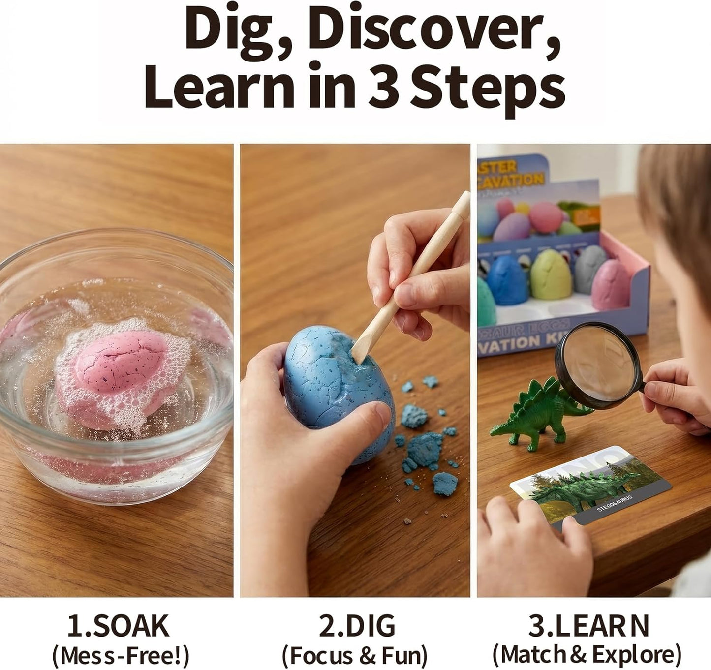 24 Dinosaur Eggs Dig Kit Toys for Kids, Dinosaur Eggs Excavation Kit with Magnifier, Easter Basket Stuffers, Science STEM Birthday Party Favors Gifts for Boys Girls Age 3 4 5 6 7 8 9 10 + Years Old