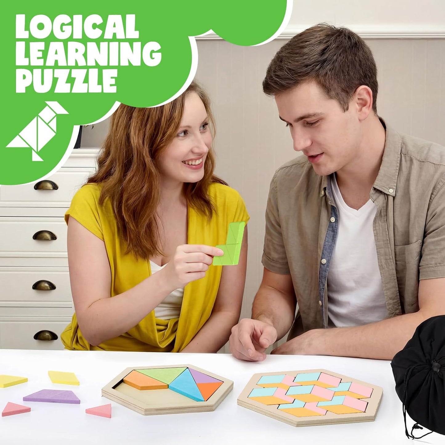 Yunsailing 3 Pack Large Hexagon Tangram Puzzle Wooden Brain Puzzles for Adult Challenge Wood Russian Blocks Brain Teasers Geometric Jigsaw Block Logic Iq Stem Family Graduation Gifts(Vintage)